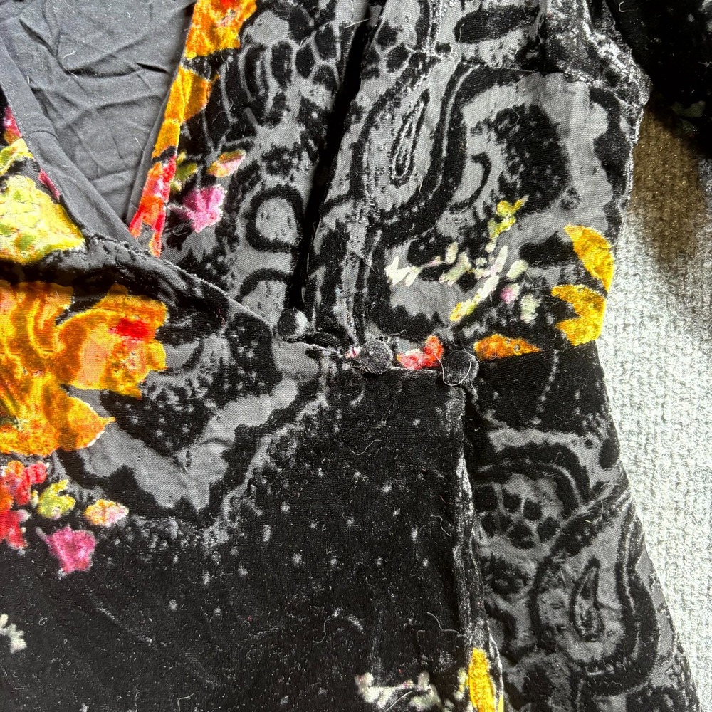 Free People Burnout Velvet Wrap Mini Dress Women Medium Black Floral Bell Sleeve - Picture 2 of 13